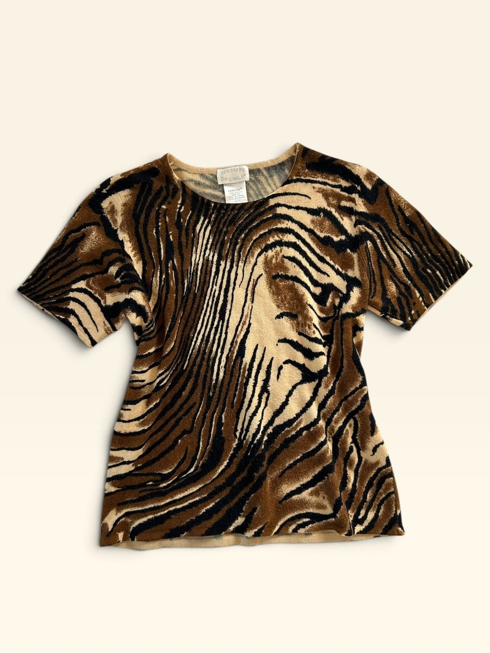 Vintage Designers Originals Knit Tiger Animal-Print Short Sleeve Top